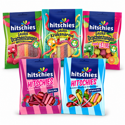 Hitschies Snackpaket mit fünf Sorten: Saure Drachenzungen, Saure Krakenarme, Brizzl-Bälle, Berry Mix und Original Mix