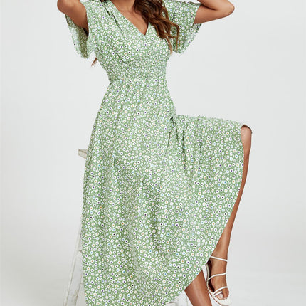 Multi Floral Print V Neck Midi Dress In Green