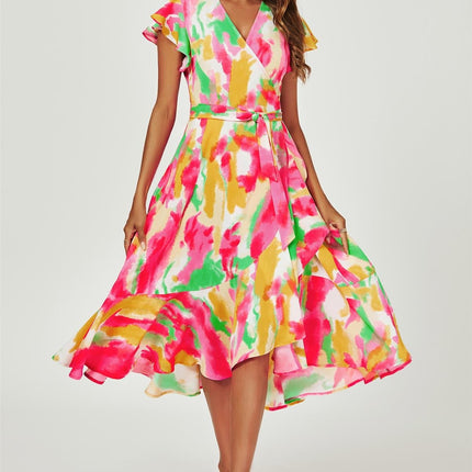 Abstract Floral Print Midi Wrap Dress In Pink