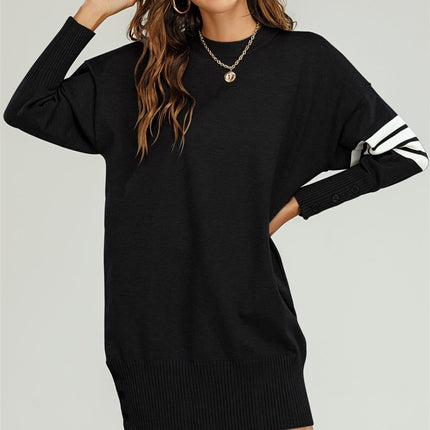 Wool Knitted Tunic Jumper Dress With White Stripe In Black