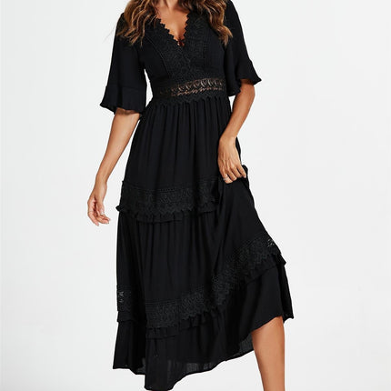 V Neck Lace Detail Midi Dress In Black