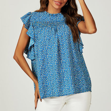 Floral Print Frill Hem Short Sleeve Blouse Top In Blue