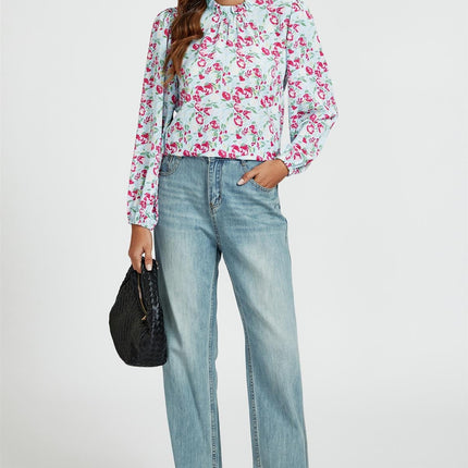Floral Print Frill Detail High Neck Top In Blue & Pink