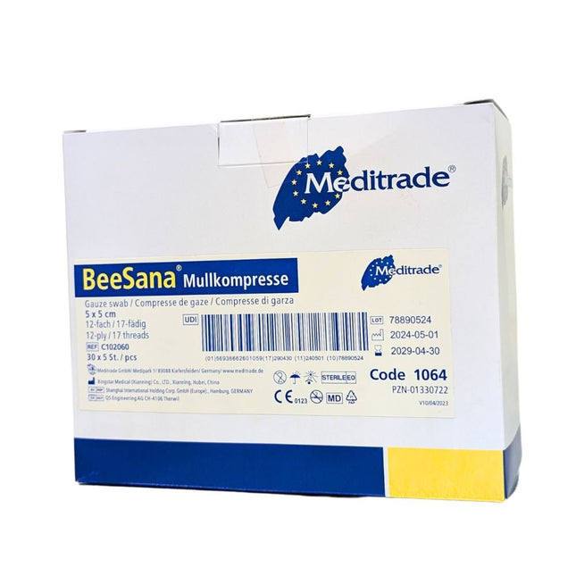 Meditrade BeeSana® Mullkompresse, ohne RöKo, steril, 12-fach, 5 x 5 cm | Packung (150 Stück)