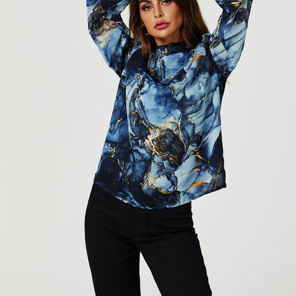 Marble Print Long Sleeve High Neck Top In Navy