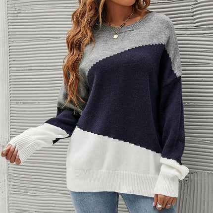 Navy & White Block Colour Jumper Top In Grey