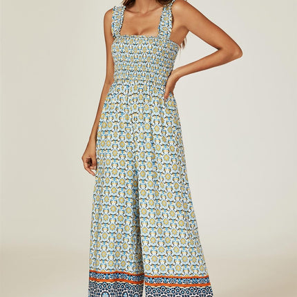 Geo Print Stretchy Smocked Wide Leg Jumpsuit In Blue