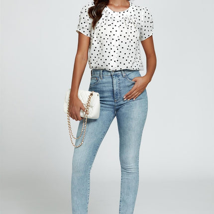 Dot Print Short Sleeves Top In White