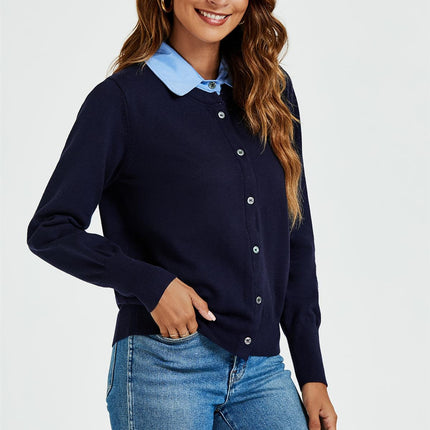 Shirt Collar Knitted Cardigan In Navy