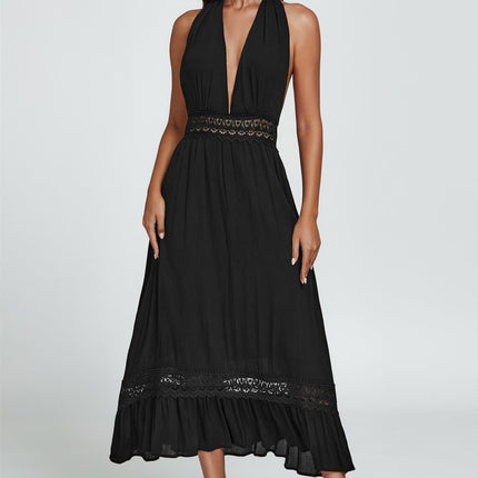 Lace Detail Adjustable Deep V Neckline Maxi Dress In Black
