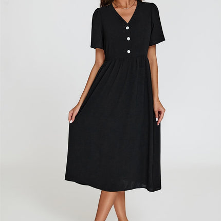 Button Front Midi Dress In Black