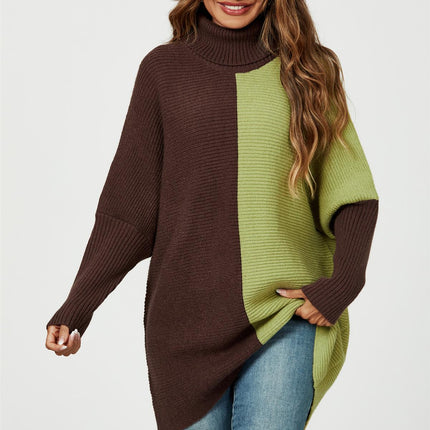 High Neck Half Brown & Green Block Colour Jumper Top