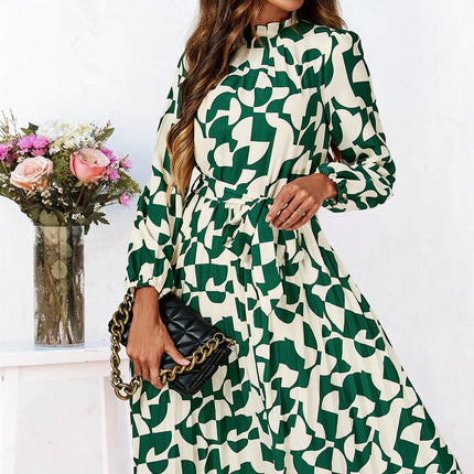 High Neck Long Sleeve Midi Dress In Green