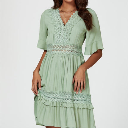 V Neck Lace Mini Dress In Green