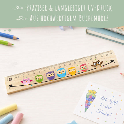 Lineal zur Einschulung im Eulen Design für Kinder aus Holz