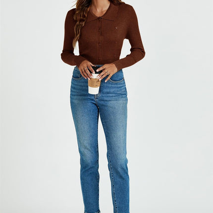 Morgan collar Double Breasted Knit Top In Brown