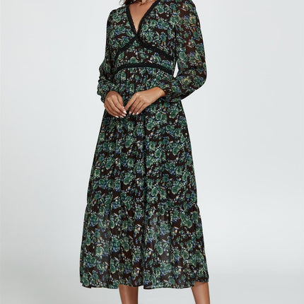 Floral Print Long Sleeve Midi Dress In Brown