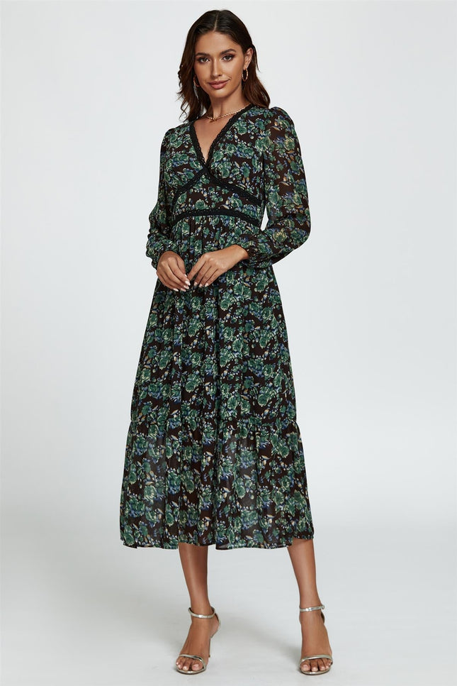 Floral Print Long Sleeve Midi Dress In Brown