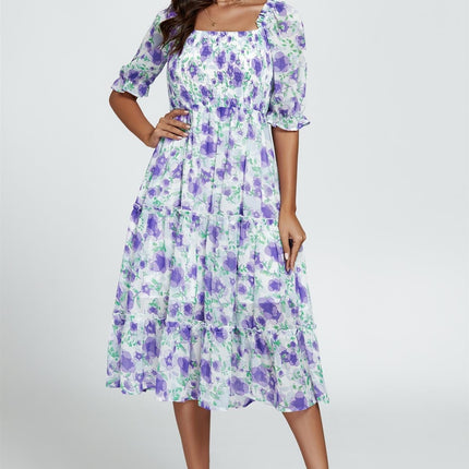 Floral Print Bardot Puff Sleeve Elasticated Detail Midi Dress In White