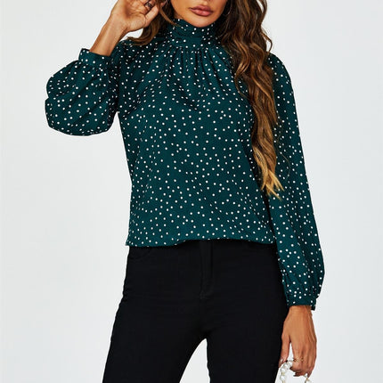 Polka Dot Print Long Sleeve Back Tie Blouse Top In Green