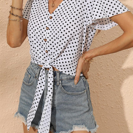 Cute Tie Knot Front Buttoned Crop T Shirt Top In White & Black Polka Dot Print