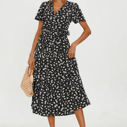 White Floral Print Hem Tiered Wrap Midi Dress In Black