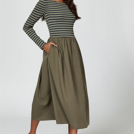 Long Sleeve Stripe Midi Dress In Olive