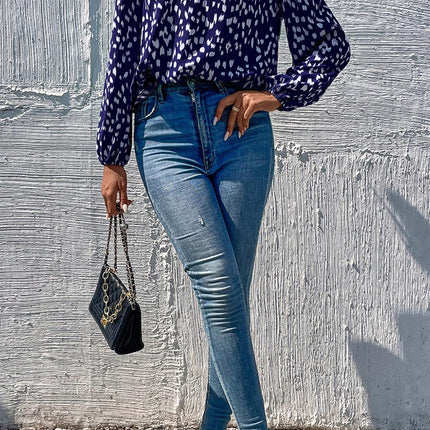 Animal Print Frill Detail High Neck Top In Navy