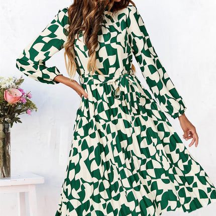 High Neck Long Sleeve Midi Dress In Green
