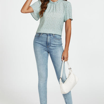 Grey Little Floral Print Angle Sleeve High Neck Top/Blouse In Blue