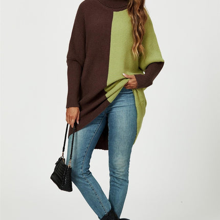 High Neck Half Brown & Green Block Colour Jumper Top
