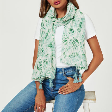Tropical Leaf Print Tassel Scarf In Green