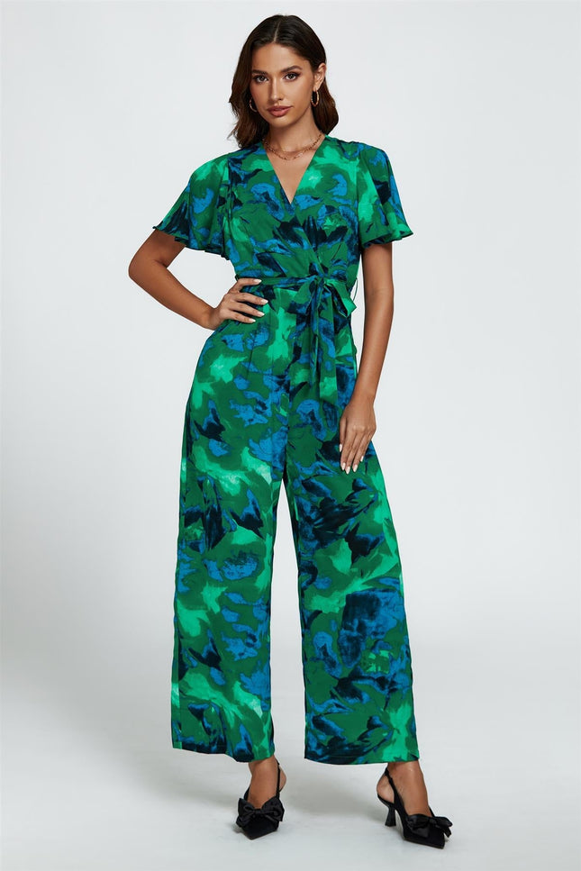 Abstract Print Wrap Top Jumpsuit In Green