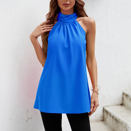 Halter Neck Tie Back Top In Azure Blue