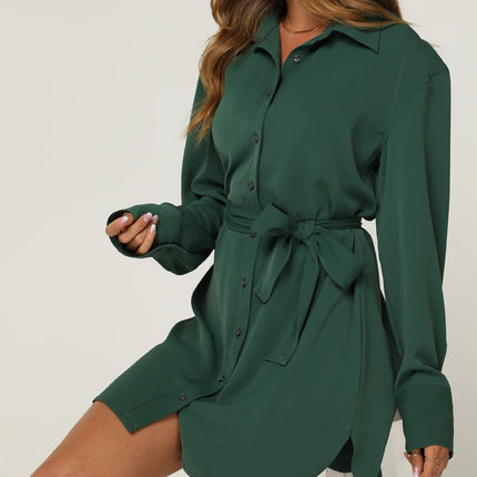 Relaxed Rounded Side Split Mini Shirt Dress In Green