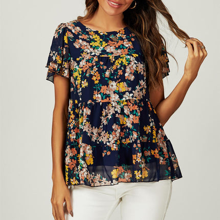 Floral Print Hem Tiered Smock Short Sleeve Blouse Top In Navy