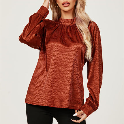 Halter Neck Satin Long Sleeve Blouse Top In Copper Red