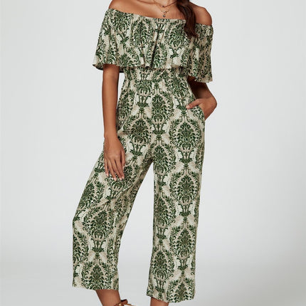 Off The Shoulder Print Frill Jumpsuit In Green
