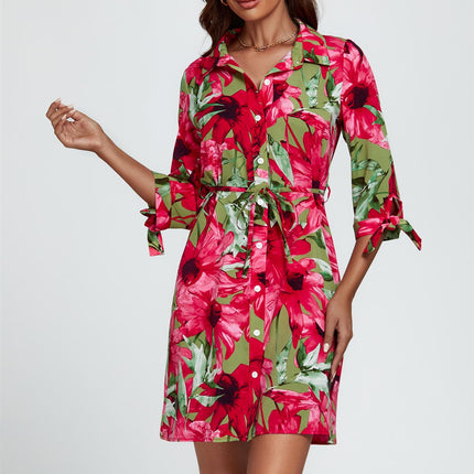 Floral Print Shirt Mini Dress In Red