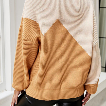 Block Colour Relaxed Knit Jumper Top In Beige & Camel
