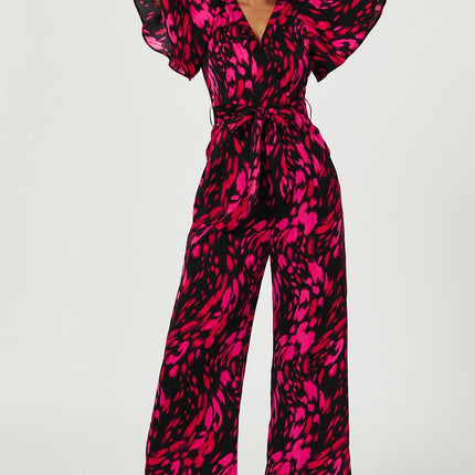 Pink Abstract Print Wrap Top Jumpsuit In Black