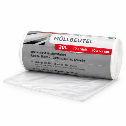 Müllbeutel 20L transparent – 40 Stück auf Rolle