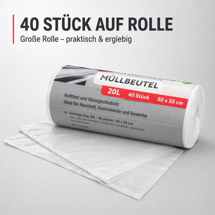 Müllbeutel 20L transparent – 40 Stück auf Rolle