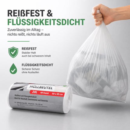 Müllbeutel 20L transparent – 40 Stück auf Rolle