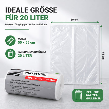 Müllbeutel 20L transparent – 40 Stück auf Rolle