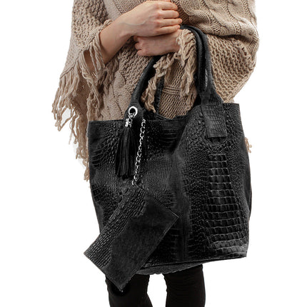 Leder Beutel Tasche Krokooptik Schwarz