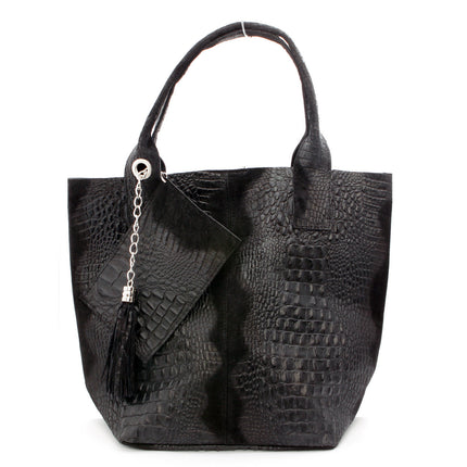 Leder Beutel Tasche Krokooptik Schwarz