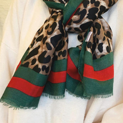 Leopard & Strip Print Fringed edges Scarf In Green & Red