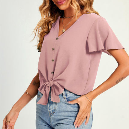 Cute Tie Knot Front Buttoned Crop T Shirt Top In Pink