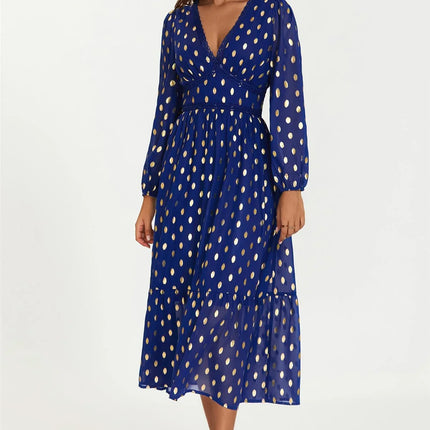 Lace Trim Foil Long Sleeve Maxi Dress In Royal Blue